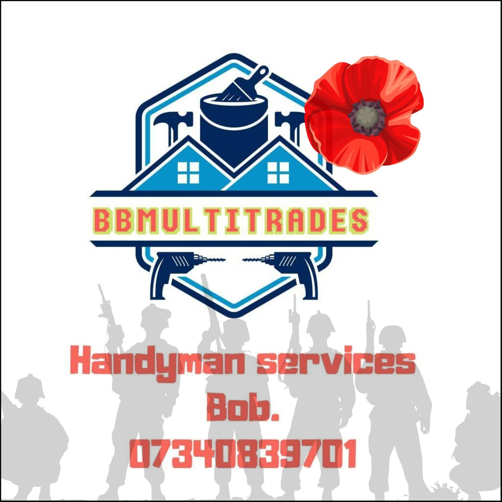 BB Multitrades badge — veteran-owned handyman services, Bob, 07340 839701
